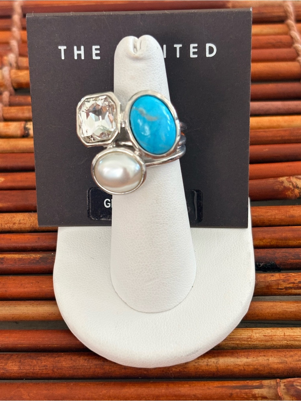The Limited Silver-tone Trio Ring Turquoise, Pearl & Clear Stone Size 6.75 NWT